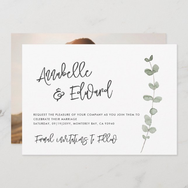 Elegant Wedding save the date eucalyptus photo Invitation (Front/Back)