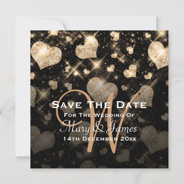 Elegant Wedding Save The Date Glitter Hearts Gold (Front)