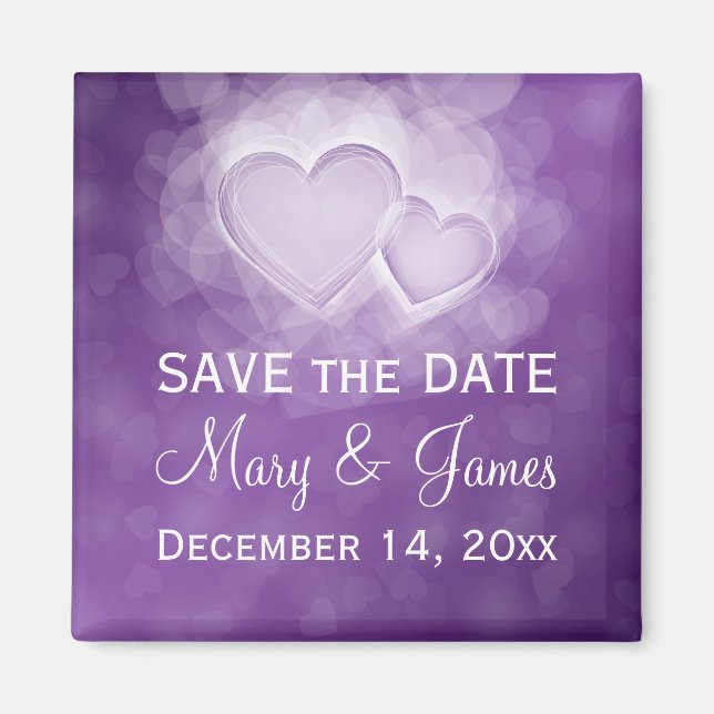 Elegant Wedding "Save The Date" Modern Hearts Purp Magnet (Front)