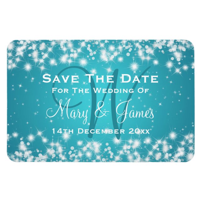 Elegant Wedding Save The Date Winter Sparkle Blue Magnet (Horizontal)