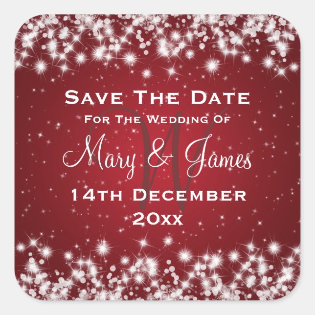 Elegant Wedding Save The Date Winter Sparkle Red Square Sticker (Front)