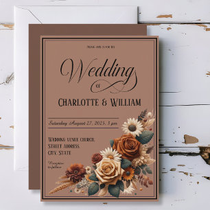Elegant Wedding Script Brown Floral Invitation