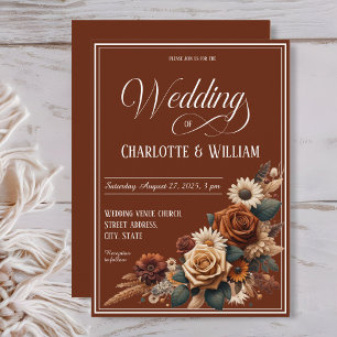 Elegant Wedding Script Brown Floral Invitation