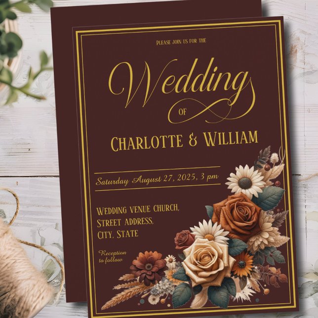 Elegant Wedding Script Brown Floral  Invitation (Creator Uploaded)