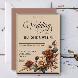 Elegant Wedding Script Brown Floral Invitation
