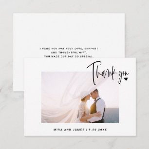 Elegant Wedding Script Photo Heart Simple Modern  Thank You Card