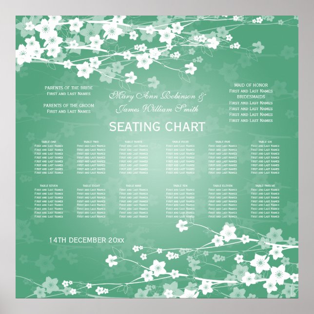 Elegant Wedding Seating Chart Cherry Blossom Mint (Front)