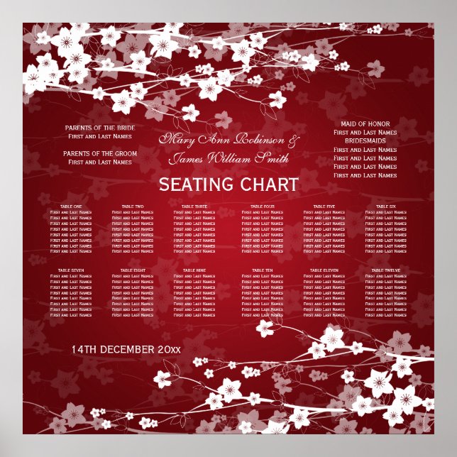 Elegant Wedding Seating Chart Cherry Blossom Red (Front)