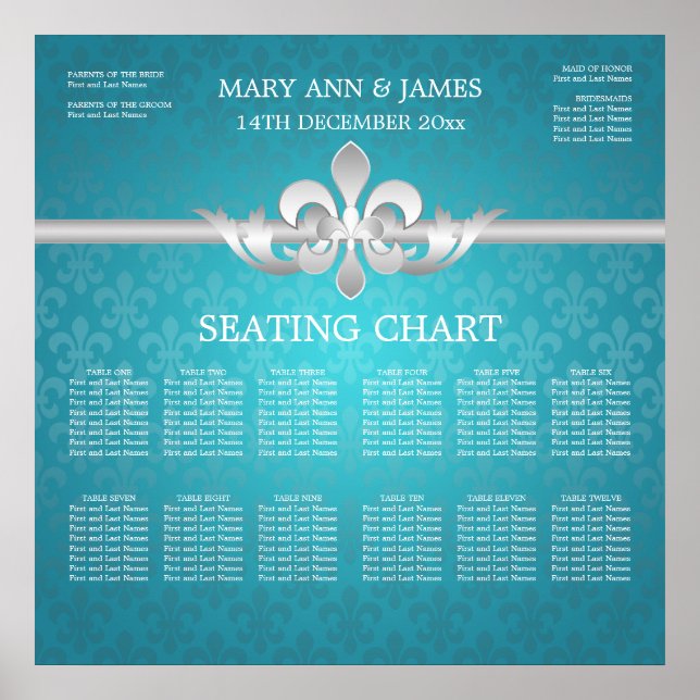 Elegant Wedding Seating Chart Fleur De Lis Blue (Front)