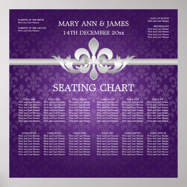 Elegant Wedding Seating Chart Fleur De Lis Purple (Front)
