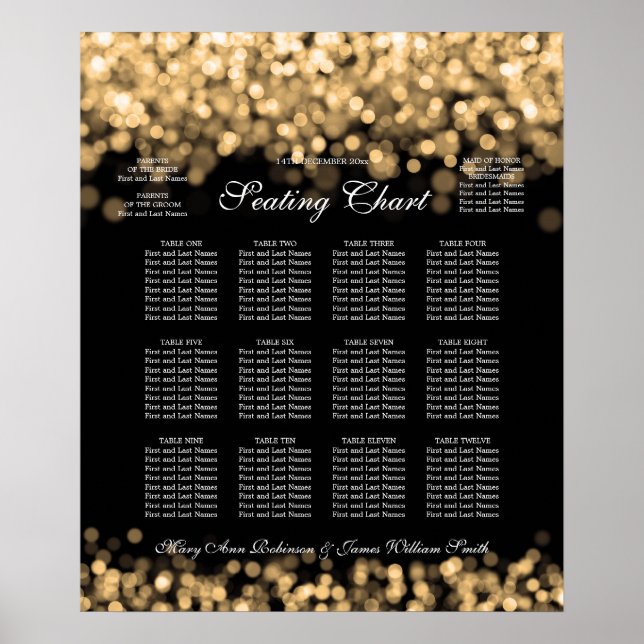 Elegant Wedding Seating Chart Gold Lights (Front)