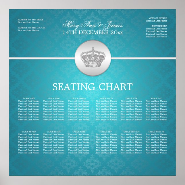 Elegant Wedding Seating Chart Royal Crown Blue (Front)