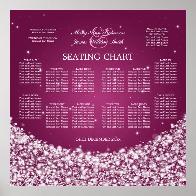 Elegant Wedding Seating Chart Star Sparkle Berry (Front)