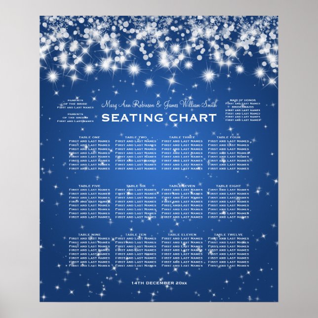 Elegant Wedding Seating Chart Winter Sparkle Blue (Front)