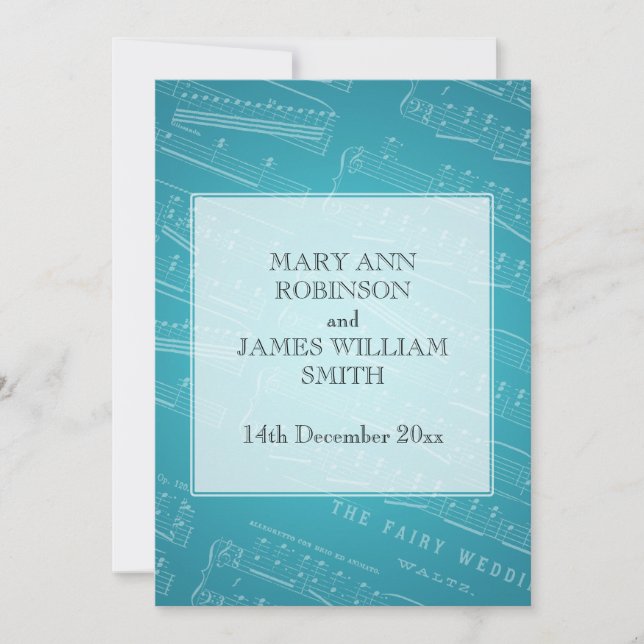 Elegant Wedding Sheet Music Blue Invitation (Front)