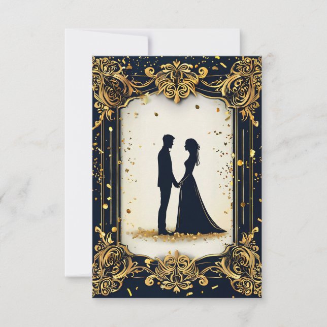 Elegant Wedding Silhouette with Ornate Golden Fram Invitation (Front)