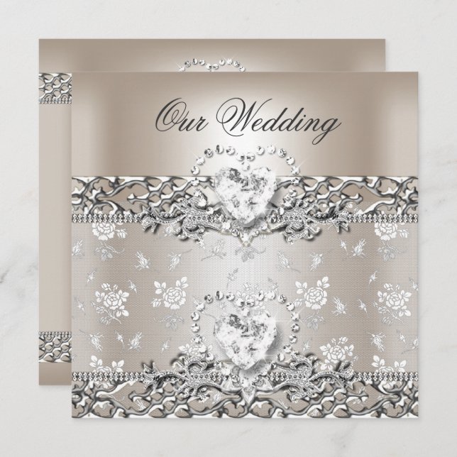 Elegant Wedding Silver Cream Diamond Heart Invitation (Front/Back)