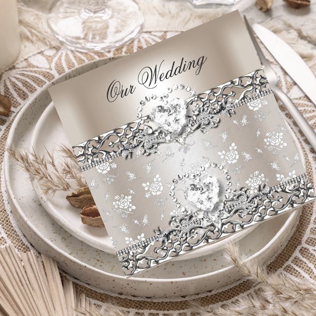 Elegant Wedding Silver Cream Diamond Heart Invitation (Creator Uploaded)