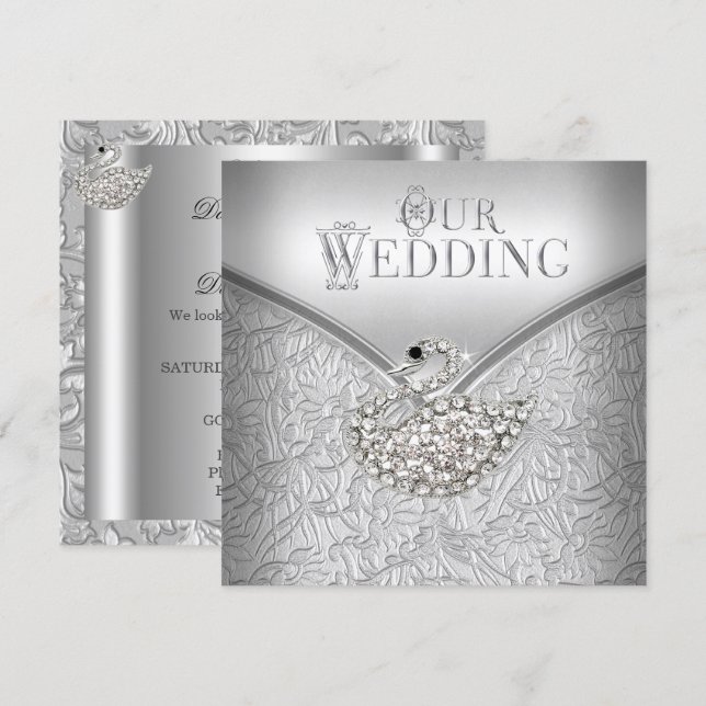 Elegant Wedding Silver Damask White Swan Invitation (Front/Back)