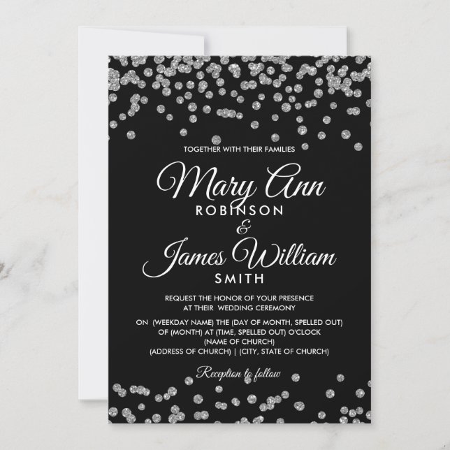 Elegant Wedding Silver Faux Glitter Confetti Black Invitation (Front)