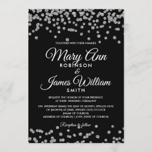 Elegant Wedding Silver Faux Glitter Confetti Black Invitation