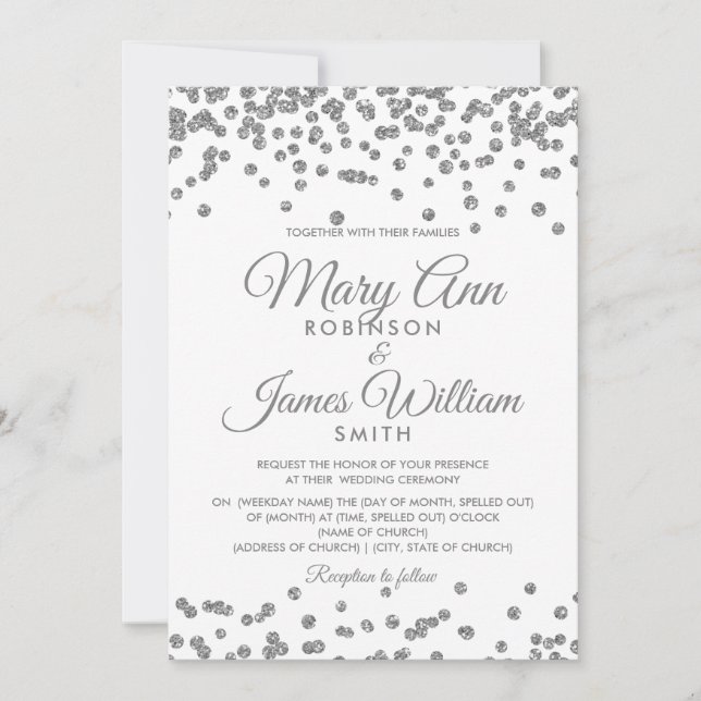 Elegant Wedding Silver Faux Glitter Confetti Invitation (Front)