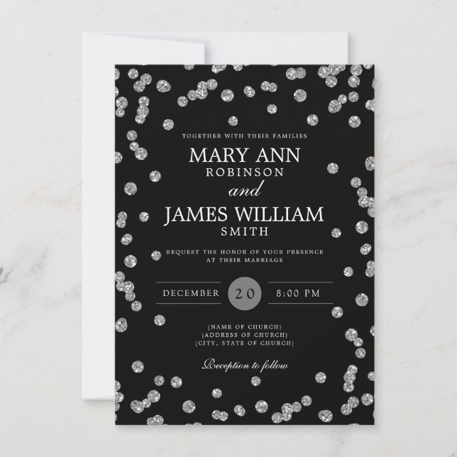 Elegant Wedding Silver Glitter Confetti Black Invitation (Front)