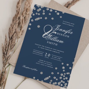 Elegant Wedding Silver Glitter Confetti Navy Blue  Invitation