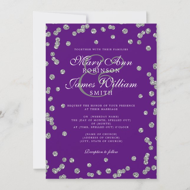 Elegant Wedding Silver Glitter Confetti Purple  Invitation (Front)