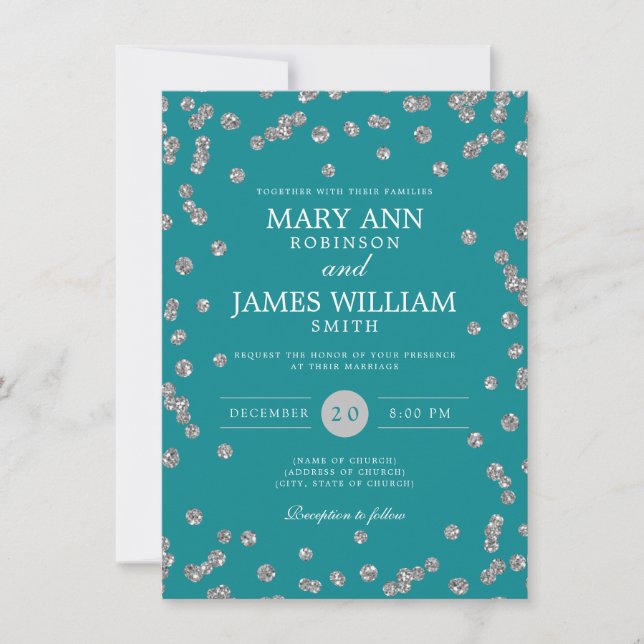 Elegant Wedding Silver Glitter Confetti Teal  Invitation (Front)