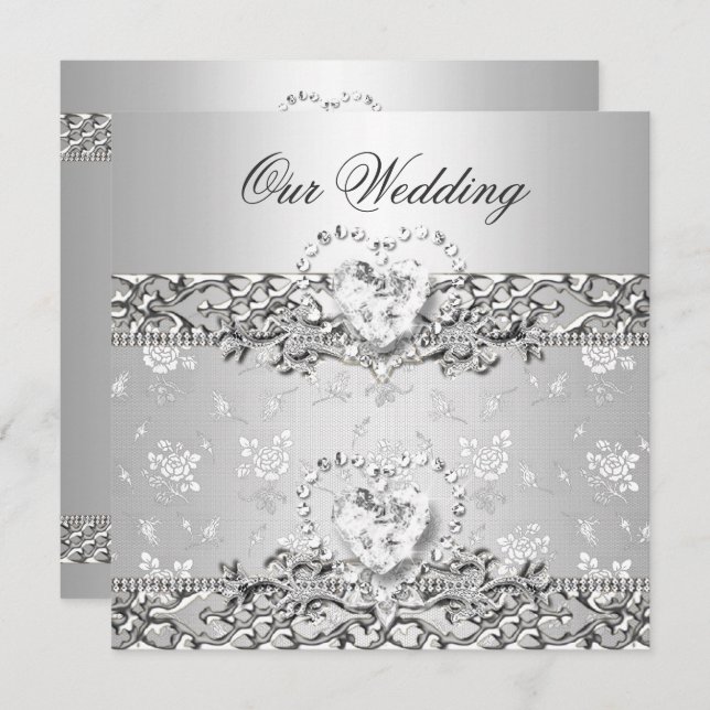 Elegant Wedding Silver White Diamond Heart Invitation (Front/Back)