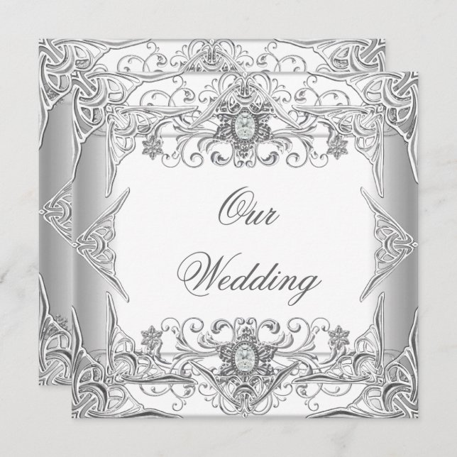 Elegant Wedding Silver White Diamond Jewel Invitation (Front/Back)