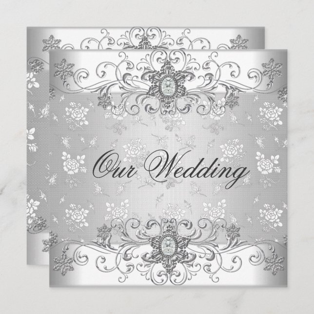 Elegant Wedding Silver White Diamond Jewel Lace Invitation (Front/Back)