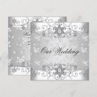 Elegant Wedding Silver White Diamond Jewel Lace Invitation