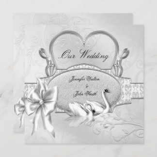 Elegant Wedding Silver White Swans Heart Bow Invitation