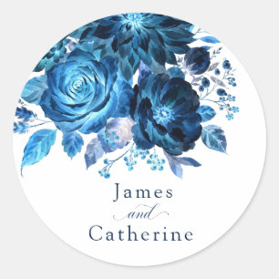 Elegant Wedding Sticker Blue Rose Floral Navy