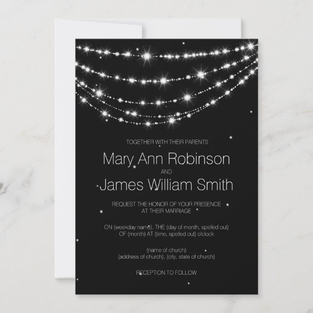 Elegant Wedding String Stars Black Invitation (Front)