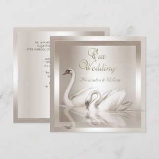 Elegant Wedding Swans Damask Cream White Invitation