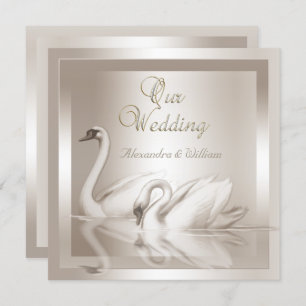 Elegant Wedding Swans Damask Cream White Invitation