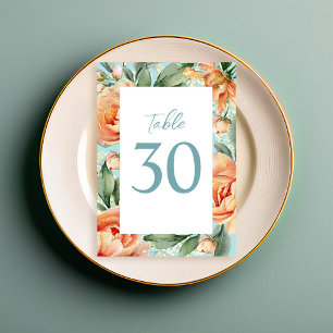 Elegant Wedding Table Number Blue Peach Floral 