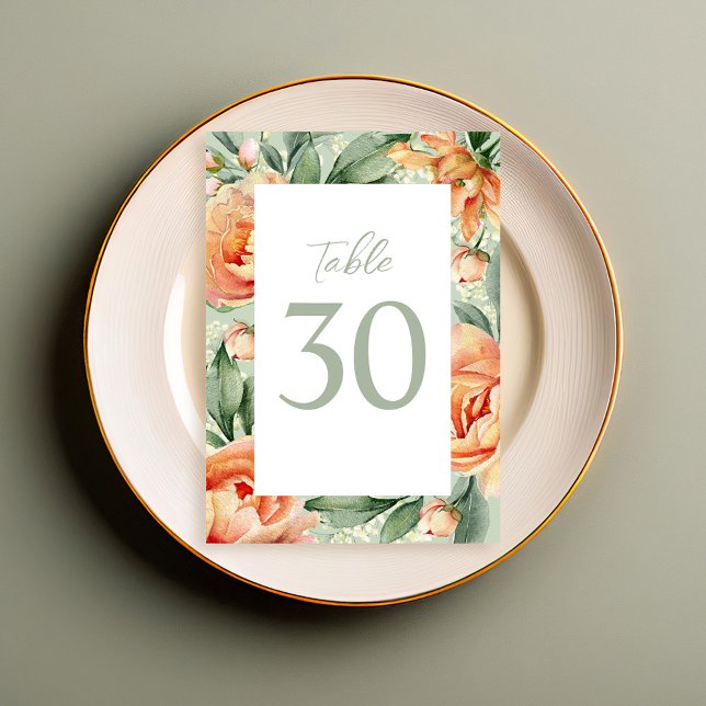 Elegant Wedding Table Number Green Peach Floral  (Elegant watercolor wedding table number with peach and blue floral. )