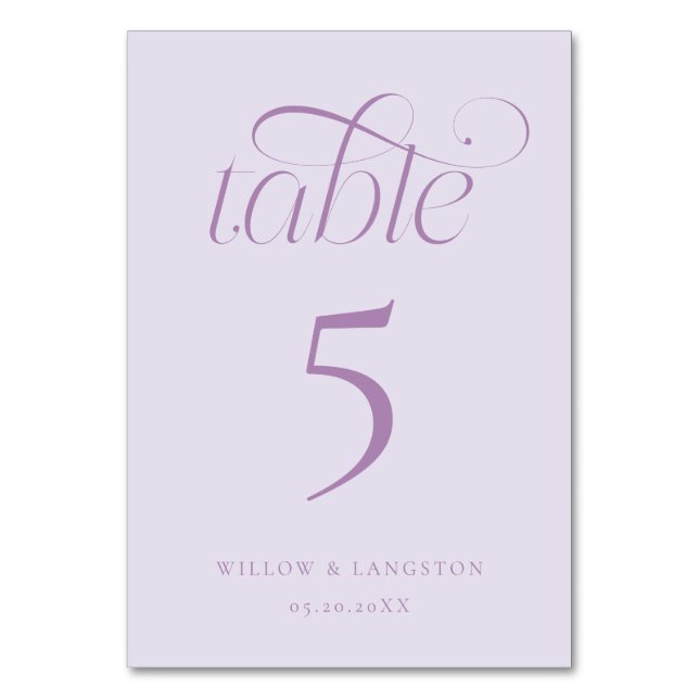 Elegant Wedding Table Number Lilac (Front)