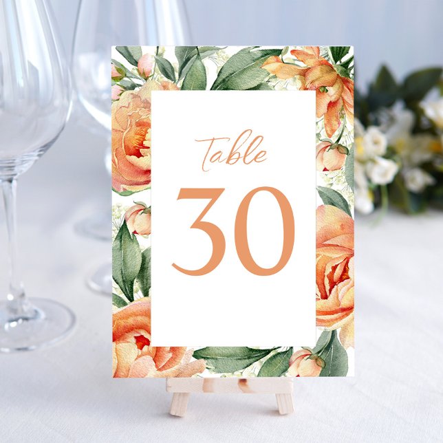 Elegant Wedding Table Number Peach Floral  (Elegant watercolor wedding table number with peach and blue floral. )