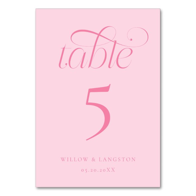 Elegant Wedding Table Number Pink (Front)