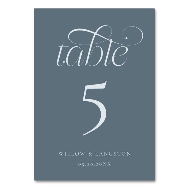 Elegant Wedding Table Number Slate Blue (Front)