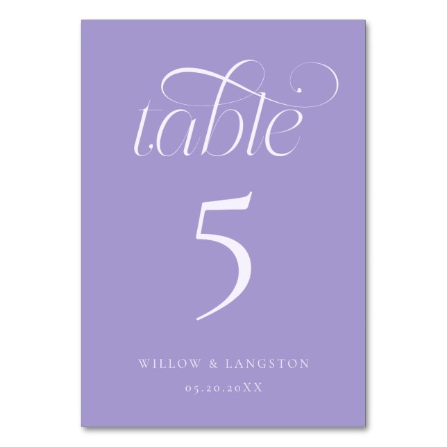 Elegant Wedding Table Number Violet (Front)