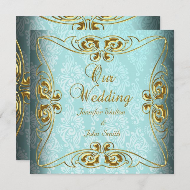 Elegant Wedding Teal Blue Gold Damask Invitation (Front/Back)