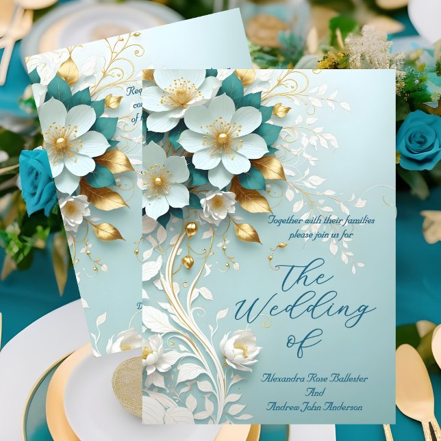 Elegant Wedding Teal Blue White Gold Floral ornate Invitation (Creator Uploaded)