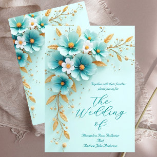 Elegant Wedding Teal Blue White Gold Flowers Invitation