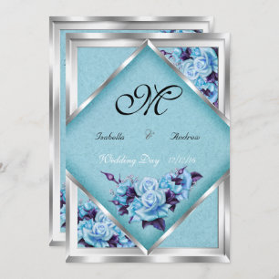 Elegant Wedding Teal Purple Roses Silver Bouquet 2 Invitation